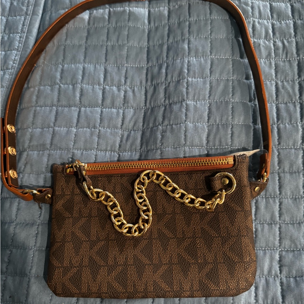 Michael Kors Signature Logo Pull Chain Belt Bag Chocolate Fanny Pouch W/Strap